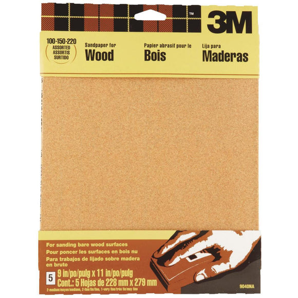 3M Bare Wood 9 In. x 11 In. 220/150/100 Grit Assorted Grade Sandpaper (5-Pack)